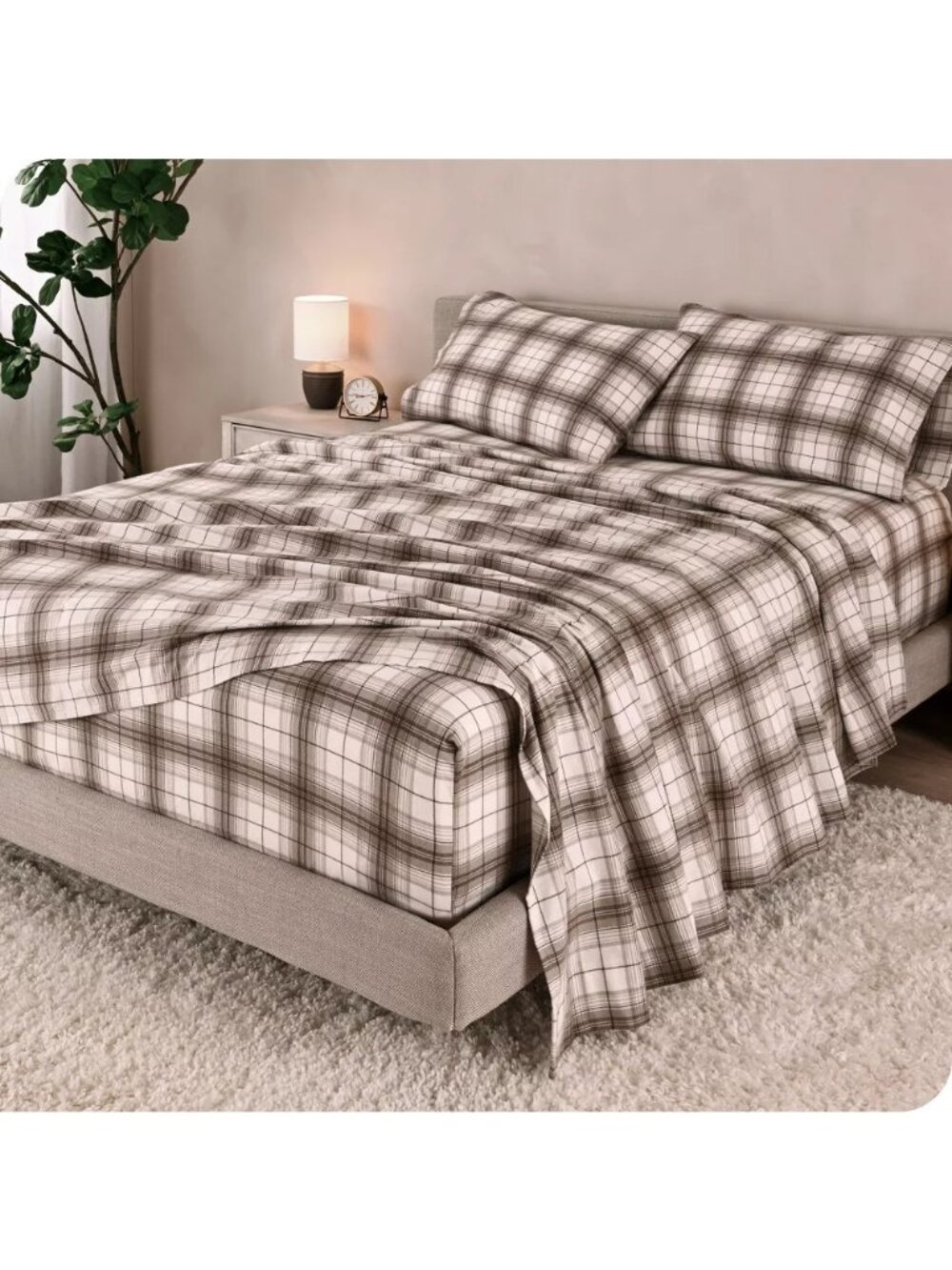 Bare Home Chesapeake Plaid Neutral Brown Full Size Flat Sheet ONLY 81 x 96 NWOT